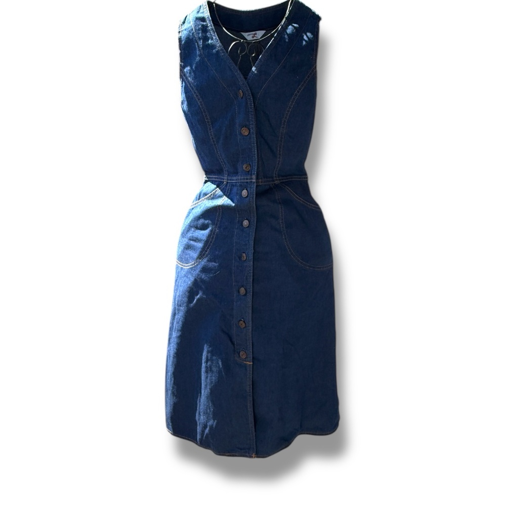 Vintage 70s Levis Denim Sundress Fitted Button Front Dress Brass Buckle In Back